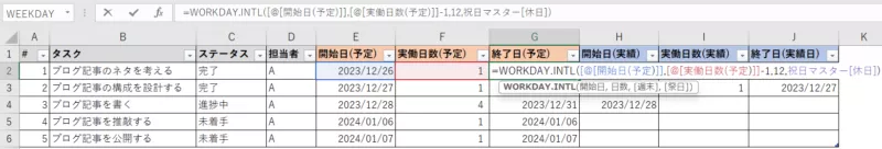 WORKDAY.INTL関数を利用するタスク管理表